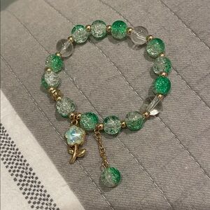 Colorful Greens and Gold Beaded Flower Dangle Charms Bracelet